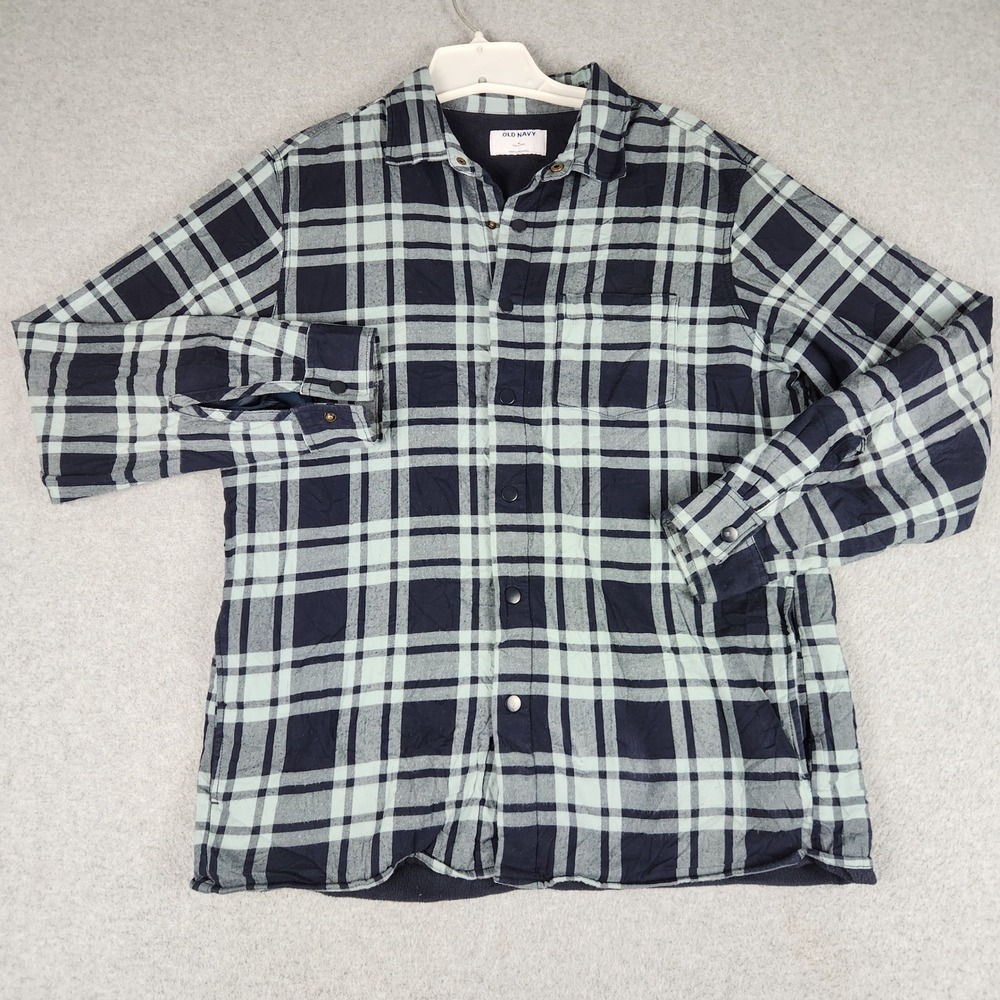 Old Navy Flannel Shirt Mens Medium Navy Plaid Fleece Lined Cozy Snap Button